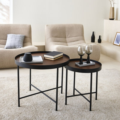 sweeek - Wood-effect round nesting tables Adele Walnut 60x60x50 cm