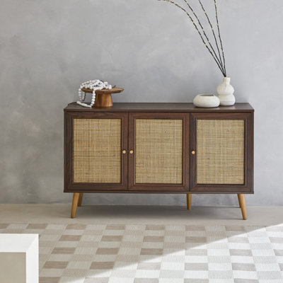 sweeek. Wooden and cane rattan detail sideboard with 3 doors 2 shelves Scandi style legs 120x39x70cm Boheme Dark wood colour