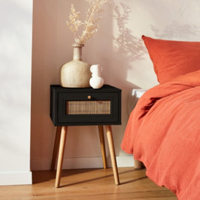 sweeek. Woven rattan bedside table with drawer Boheme Black 39x39x55.4 cm
