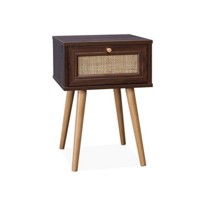 sweeek - Woven rattan bedside table with drawer Dark wood colour 39x39x55.4 cm - Boheme