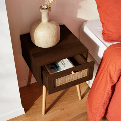 sweeek - Woven rattan bedside table with drawer Dark wood colour 39x39x55.4 cm - Boheme