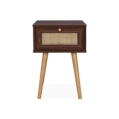 sweeek - Woven rattan bedside table with drawer Dark wood colour 39x39x55.4 cm - Boheme