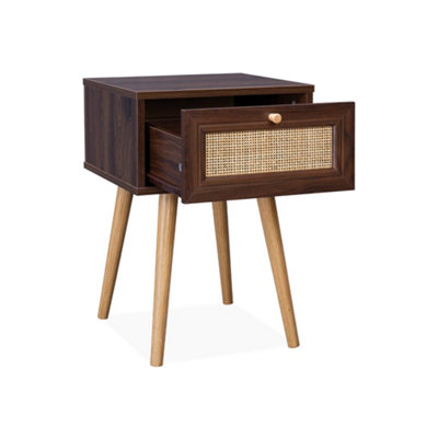 sweeek - Woven rattan bedside table with drawer Dark wood colour 39x39x55.4 cm - Boheme