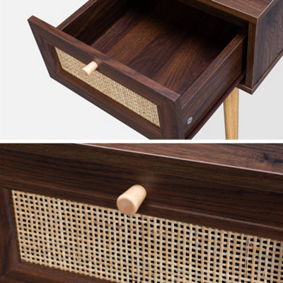 sweeek - Woven rattan bedside table with drawer Dark wood colour 39x39x55.4 cm - Boheme