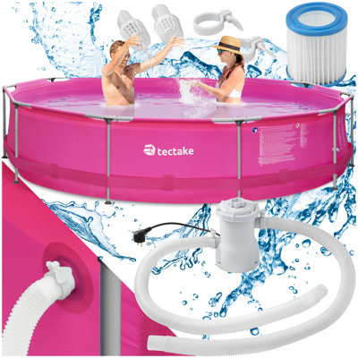 Swimming Pool - round with filter pump, solid steel frame, 360 x 76 cm - pink