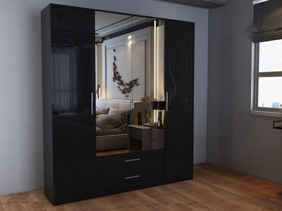 swindon Gloss Black 4 door 2 drawer Wardrobe