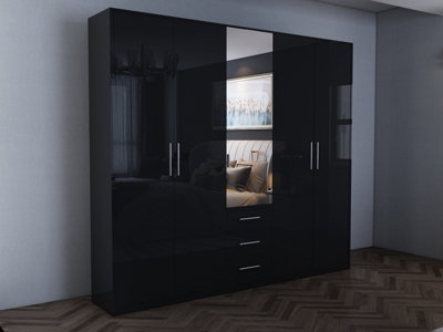 swindon Gloss Black 5 door 3 drawer Wardrobe