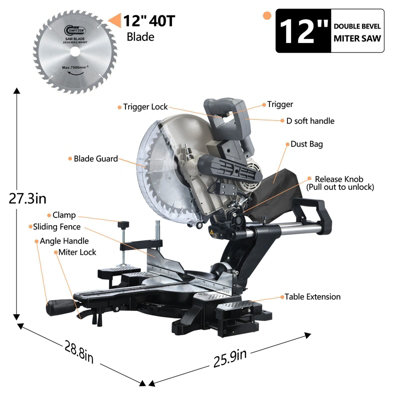 SwitZer Mitre Saw 12" Compound Sliding 1800W Double Bevel Cut with Laser Blade