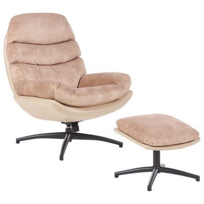 Swivel Armchair EIDE with Footstool Velvet Sand Beige