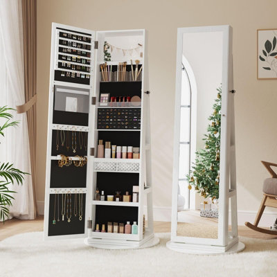 Swivel Lockable Jewelry Armoire Mirror with Storage Shelf (White)