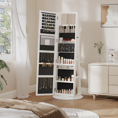 Swivel Lockable Jewelry Armoire Mirror with Storage Shelf (White)