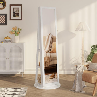 Swivel Lockable Jewelry Armoire Mirror with Storage Shelf (White) - 3
