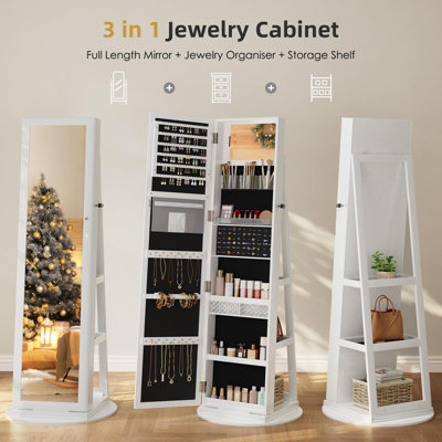 Swivel Lockable Jewelry Armoire Mirror with Storage Shelf (White)