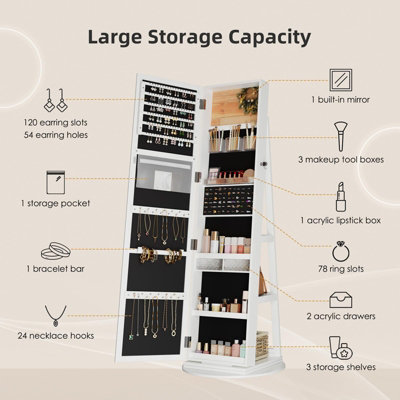 Swivel Lockable Jewelry Armoire Mirror with Storage Shelf (White) - 5