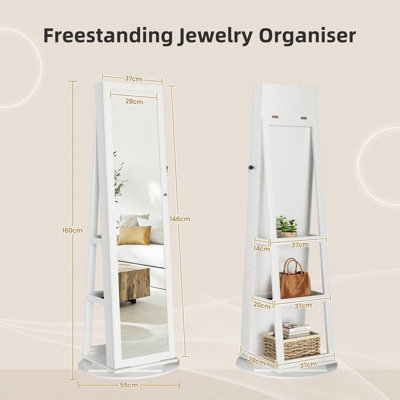 Swivel Lockable Jewelry Armoire Mirror with Storage Shelf (White) - 7