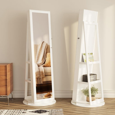Swivel Lockable Jewelry Armoire Mirror with Storage Shelf (White) - 9