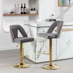 Swivel Velvet Bar Stools Set of 2 with Comfortable M-shaped and Riveted Back for Dining Room Pub Kitchen Island, Grey