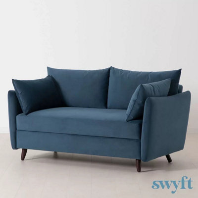 Swyft Model 08 Blue Velvet Double Sofa Bed with Fibre Cushions, Solid ...