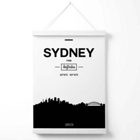 Sydney Black and White City Skyline Poster with Hanger / 33cm / White