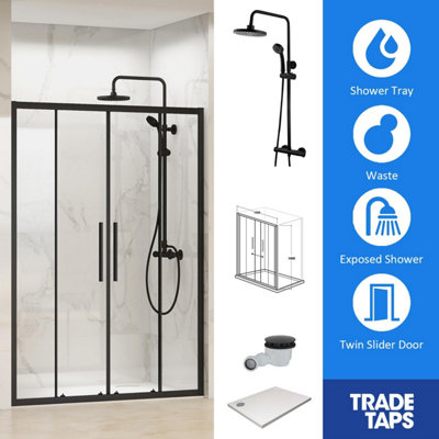 Synergy Black Twin Slider Door 700 x 1700mm, Tray, Waste & Trisen Round ...