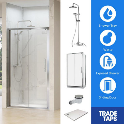 Synergy Chrome Single Sliding Door 800 x 1500mm, Tray, Waste & Trisen Square Shower Full Set