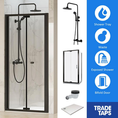 Synergy Designer Black Folding Door 760 x 760mm, Tray, Waste & Trisen Shower Set En-Suite