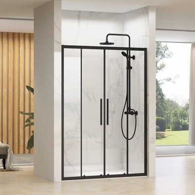 Synergy Designer Black Shower Door 800 x 1500mm, Tray & Waste Set Inline Twin 2-Door Slider