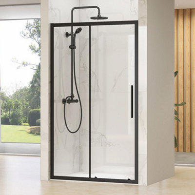 Synergy Designer Single Sliding Door Black Shower Door 900 x 1100mm, Tray & Waste Set Slider