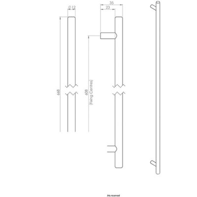 T Bar Cupboard Pull Handle 668 x 12mm 608mm Fixing Centres Matt Black
