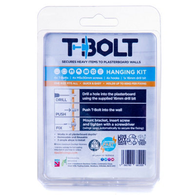 T-Bolt Plasterboard Fixing Picture Hanging Kit 4 Pack Holds up to 65kg per Fixing