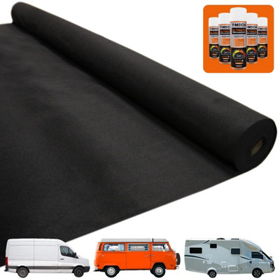 T-Mech 11m2 Van Lining Carpet Super Stretch Kit Camper Motor Homes Black & 5 Heavy Duty Adhesive Glue Spray Cans