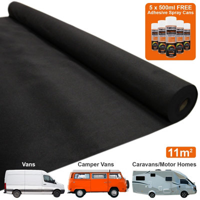 T-Mech 11m2 Van Lining Carpet Super Stretch Kit Camper Motor Homes Black & 5 Heavy Duty Adhesive Glue Spray Cans - 3