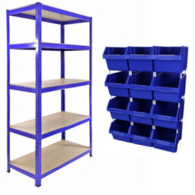 T-Rax 90cm Racking & Storage Bins Stacking Boxes Blue Storage Set Warehouse Garage Boltless Bay Shelving Unit