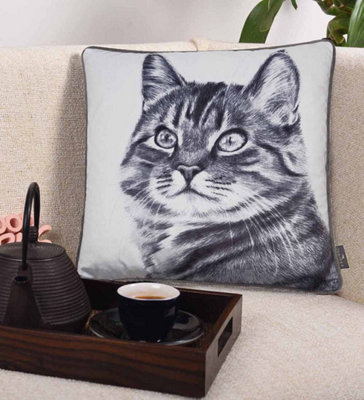 Tabby Cat Print Pillow/Velvet Cushion,Black/White. 45x45cm