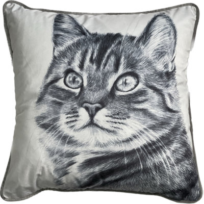 Tabby Cat Print Pillow/Velvet Cushion,Black/White. 45x45cm
