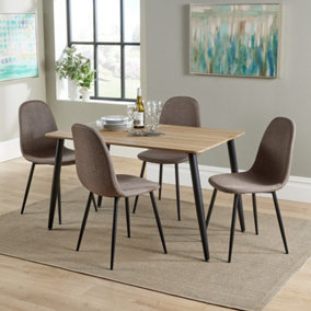 Table and four chair SET, Aged Oak effect Rectangular Aspen dining with four brown fabric upholstered chairs