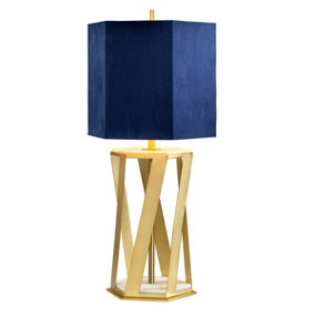 Table Lamp Blue Shade with Gold Faux Silk Lining Brushed Brass LED E27 60W Bulb