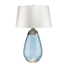 Table Lamp Blue tinted Glass & Off White Shade LED E27 60W Bulb d01881