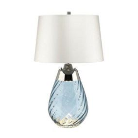 Table Lamp Blue tinted Glass & Off White Shade LED E27 60W Bulb d01887