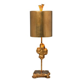 Table Lamp Carved Cross on Stem Footed Base Matching Shade Gold Leaf LED E27 60W