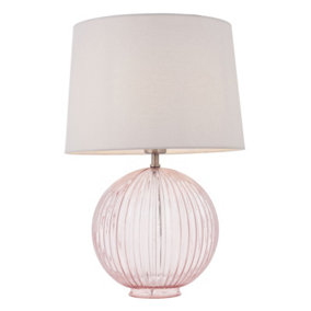 Table Lamp Dusky Pink Ribbed Glass & Vintage White Linen 40W E27 GLS