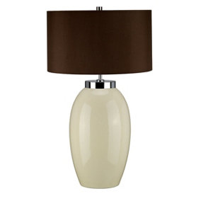 Table Lamp Large Ceramic Cream Glaze Brown Faux Silk Empire Shade LED E27 60W