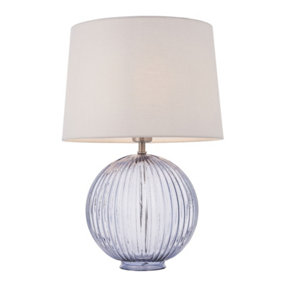Table Lamp Smokey Grey Ribbed Glass & Vintage White Linen 40W E27 GLS