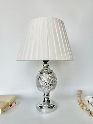 Table Lamp With Metal Cermaic Base With A Soft White Fabric Shade Chic Designs Silver Ornate Base T053