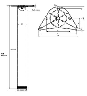 Table Leg Breakfast Bar Worktop Support Diameter 80mm Length 710mm - Colour Satin - Pack of 2