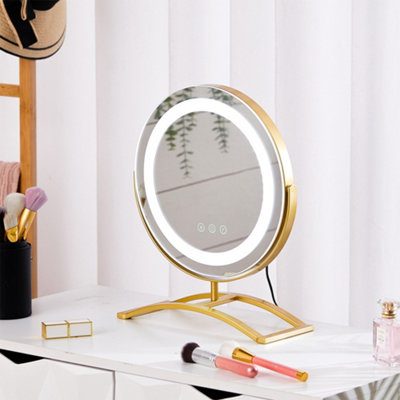 Tabletop Round Hollywood Vanity Makeup Mirror LED Dimmable, Touch Control, Gold Metal Base