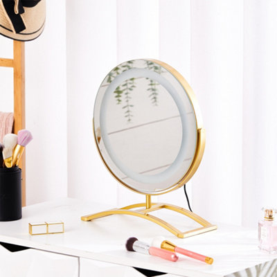 Tabletop Round Hollywood Vanity Makeup Mirror LED Dimmable, Touch Control, Gold Metal Base