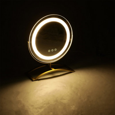 Tabletop Round Hollywood Vanity Makeup Mirror LED Dimmable, Touch Control, Gold Metal Base