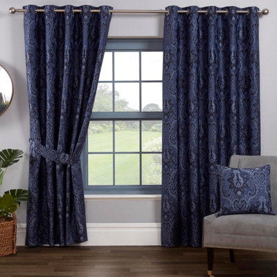 Tagola Navy Damask Pattern Eyelet Curtains