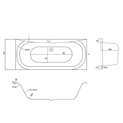Talca White Super-Strong Acrylic Double Ended Straight Bath (L)1700mm (W)700mm